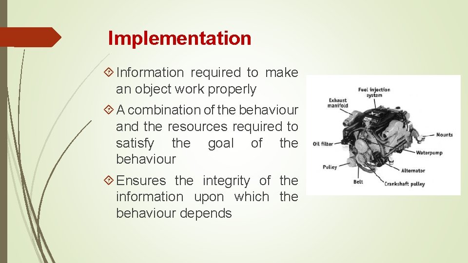 Implementation Information required to make an object work properly A combination of the behaviour Implementation Information required to make an object work properly A combination of the behaviour