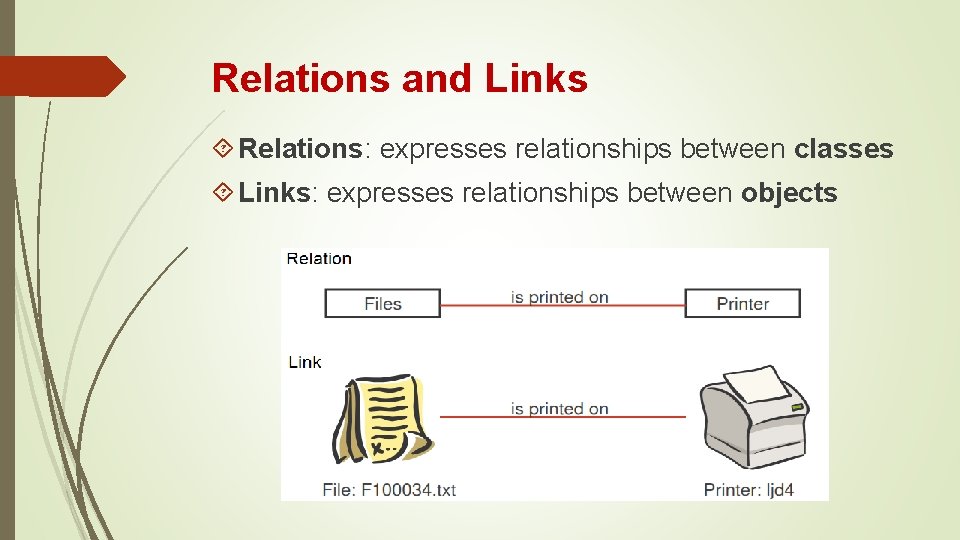Relations and Links Relations: expresses relationships between classes Links: expresses relationships between objects Relations and Links Relations: expresses relationships between classes Links: expresses relationships between objects