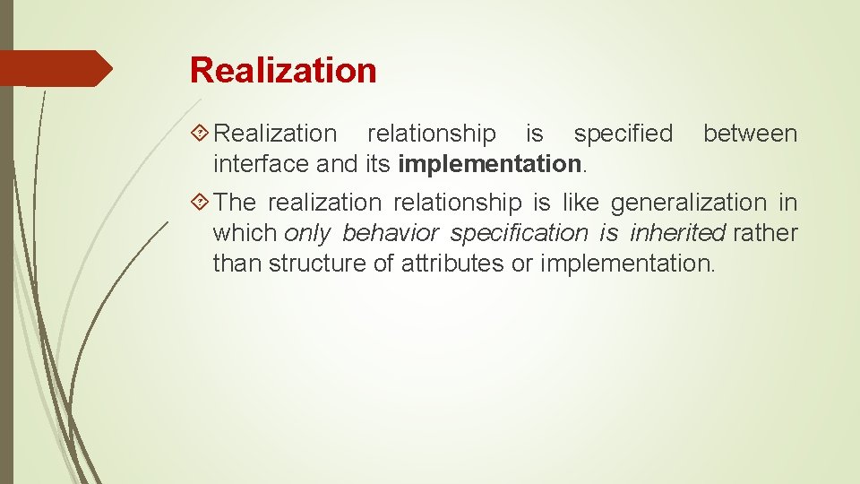 Realization relationship is specified interface and its implementation. between The realization relationship is like Realization relationship is specified interface and its implementation. between The realization relationship is like
