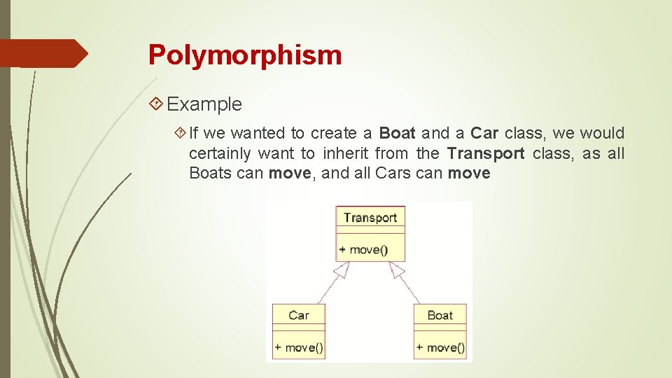 Polymorphism Example If we wanted to create a Boat and a Car class, we Polymorphism Example If we wanted to create a Boat and a Car class, we