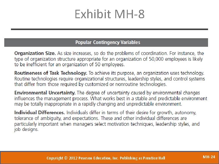 Exhibit MH-8 Copyright © 2012 Pearson Education, Inc. Publishing as Prentice Hall MH-24 