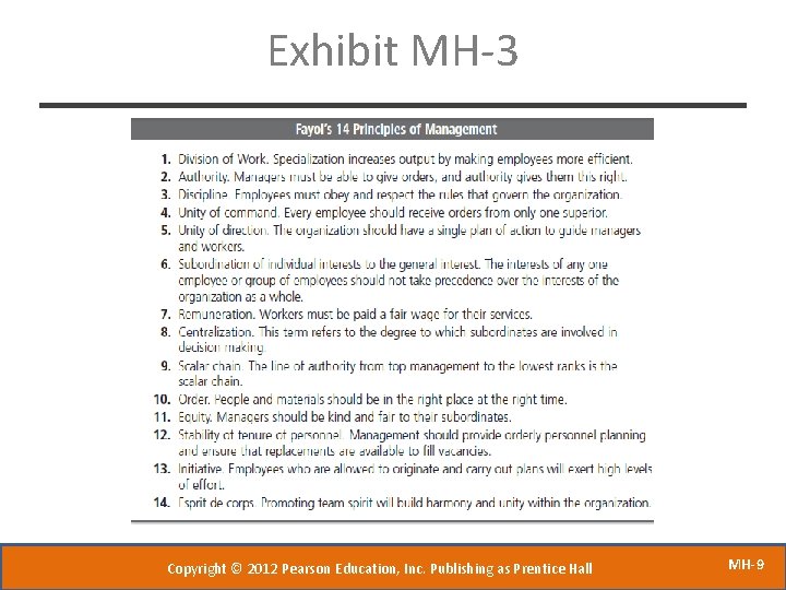 Exhibit MH-3 Copyright © 2012 Pearson Education, Inc. Publishing as Prentice Hall MH-9 
