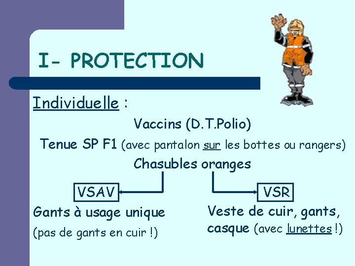 I- PROTECTION Individuelle : Vaccins (D. T. Polio) Tenue SP F 1 (avec pantalon