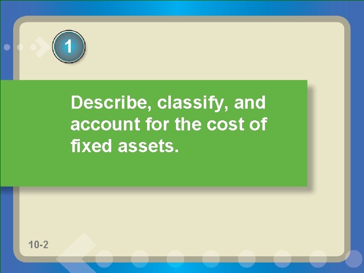 1 Describe, classify, and account for the cost of fixed assets. 10 -2 