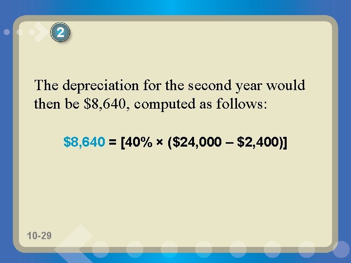 2 The depreciation for the second year would then be $8, 640, computed as