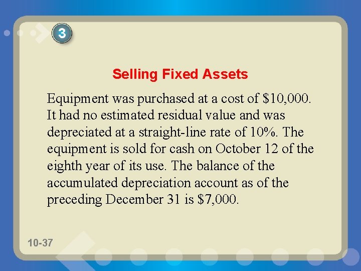 3 Selling Fixed Assets Equipment was purchased at a cost of $10, 000. It