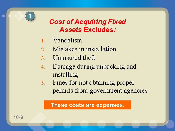 1 Cost of Acquiring Fixed Assets Excludes: 1. 2. 3. 4. 5. Vandalism Mistakes