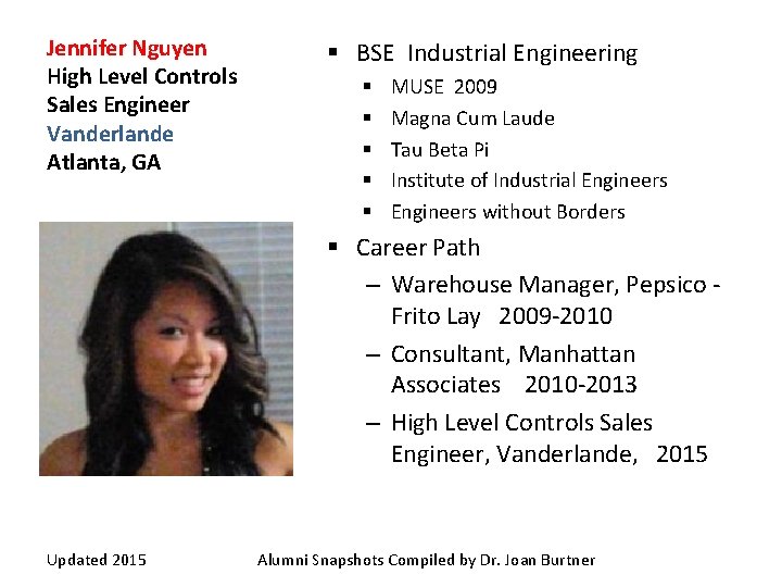 Jennifer Nguyen High Level Controls Sales Engineer Vanderlande Atlanta, GA § BSE Industrial Engineering