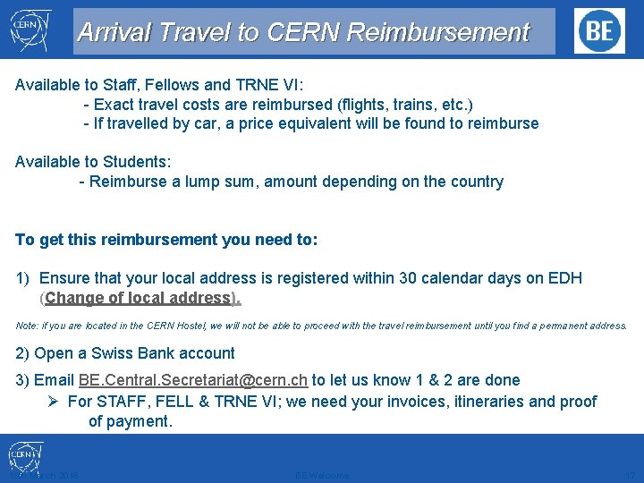 Arrival Travel to CERN Reimbursement Available to Staff, Fellows and TRNE VI: - Exact