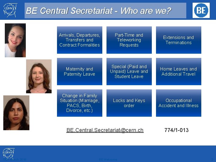 BE Central Secretariat - Who are we? Arrivals, Departures, Transfers and Contract Formalities Part-Time