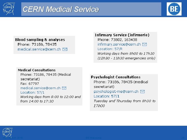CERN Medical Service 18 th March 2018 BE Welcome 26 