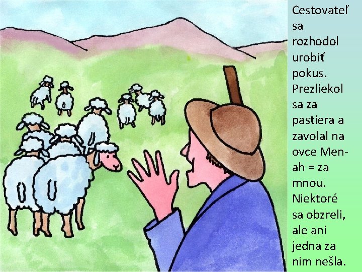 Cestovateľ sa rozhodol urobiť pokus. Prezliekol sa za pastiera a zavolal na ovce Menah