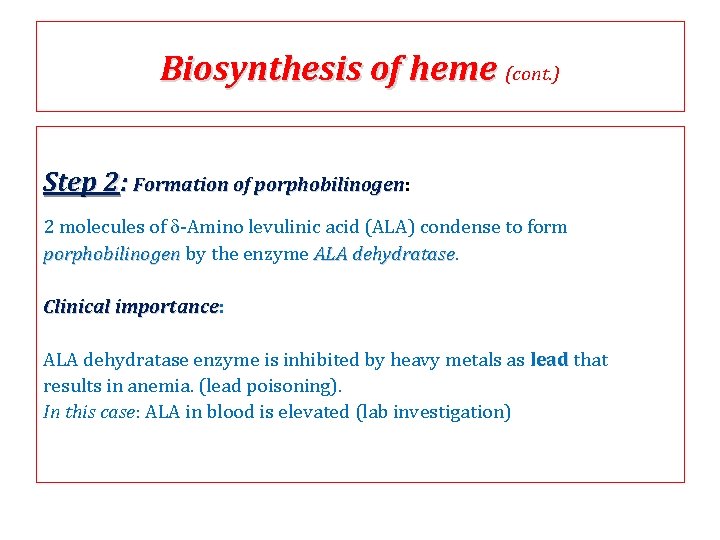 Biosynthesis of heme (cont. ) Step 2: Formation of porphobilinogen: porphobilinogen 2 molecules of