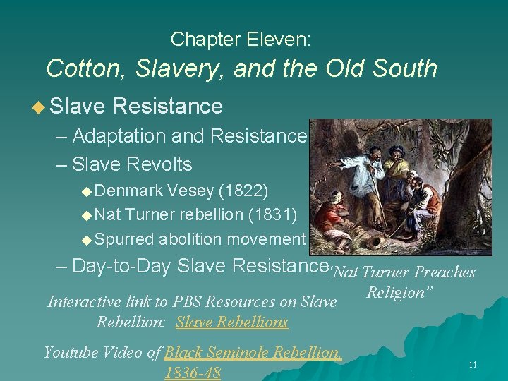 Chapter Eleven: Cotton, Slavery, and the Old South u Slave Resistance – Adaptation and