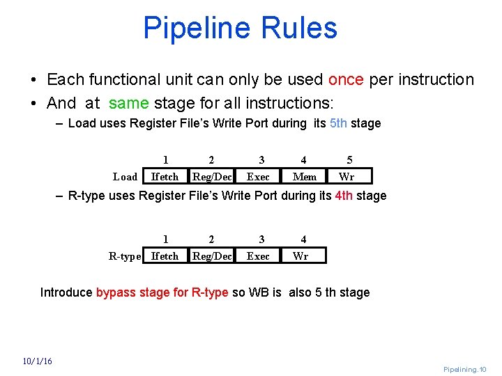Pipeline Rules • Each functional unit can only be used once per instruction •