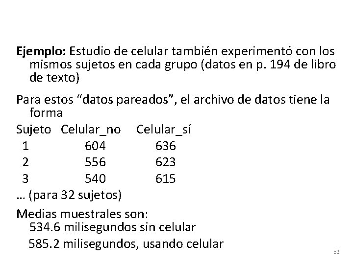 Ejemplo: Estudio de celular también experimentó con los mismos sujetos en cada grupo (datos