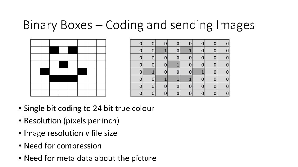 Binary Boxes – Coding and sending Images • Single bit coding to 24 bit
