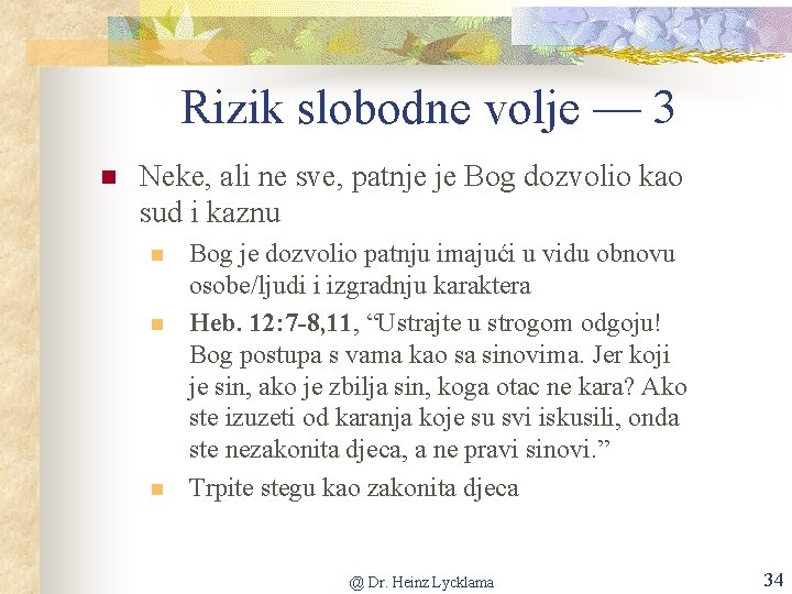 Rizik slobodne volje –– 3 n Neke, ali ne sve, patnje je Bog dozvolio