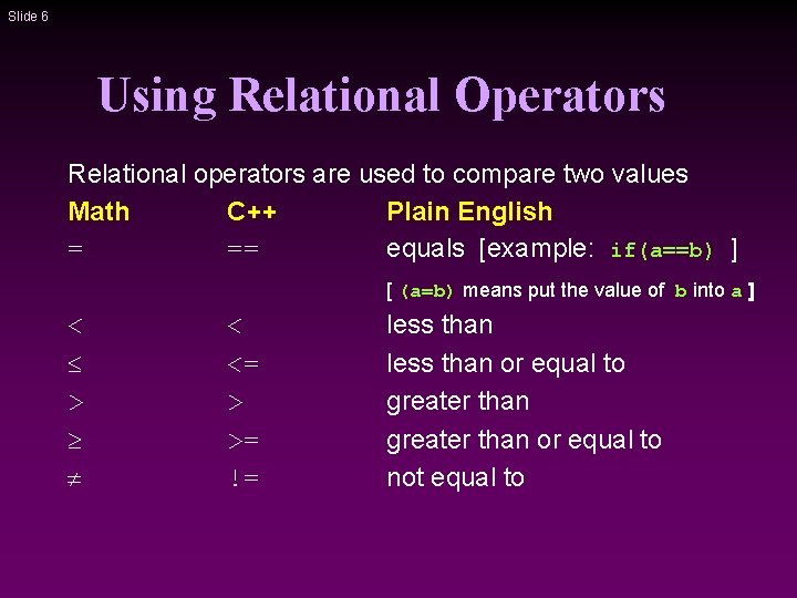 Slide 6 Using Relational Operators Relational operators are used to compare two values Math