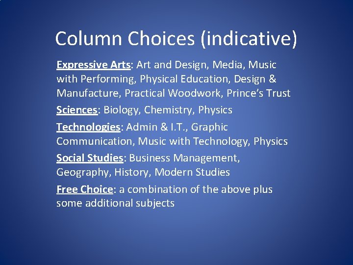 Column Choices (indicative) Expressive Arts: Art and Design, Media, Music with Performing, Physical Education,