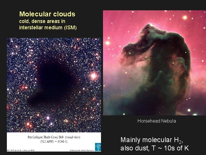 Molecular clouds cold, dense areas in interstellar medium (ISM) Horsehead Nebula Mainly molecular H