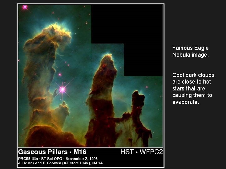 Famous Eagle Nebula image. Cool dark clouds are close to hot stars that are