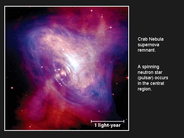 Crab Nebula supernova remnant. A spinning neutron star (pulsar) occurs in the central region.