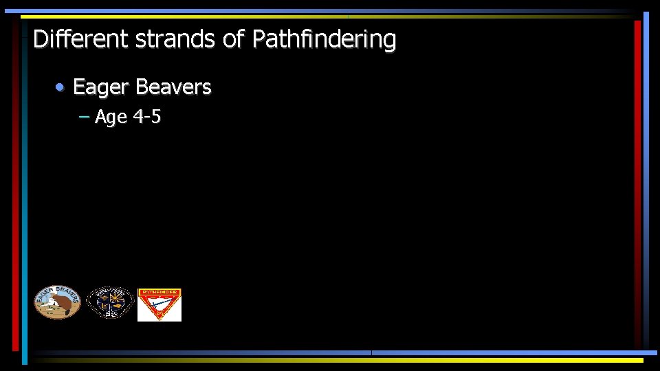 Different strands of Pathfindering • Eager Beavers – Age 4 -5 