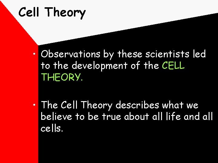 Cell Theory • Observations by these scientists led to the development of the CELL