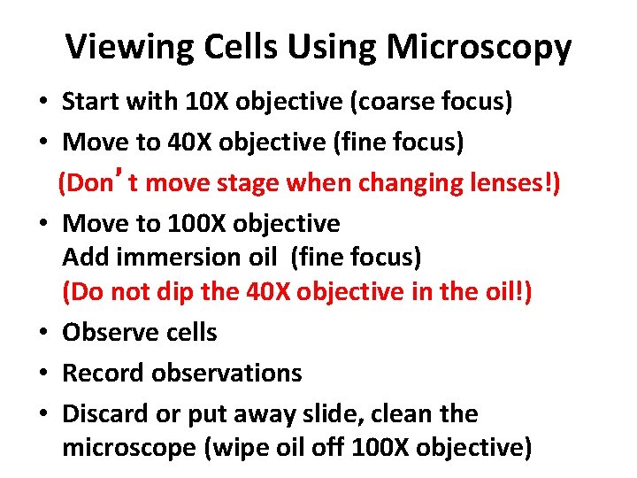 Viewing Cells Using Microscopy • Start with 10 X objective (coarse focus) • Move