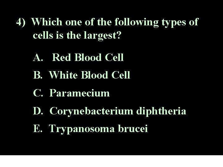 4) Which one of the following types of cells is the largest? A. Red