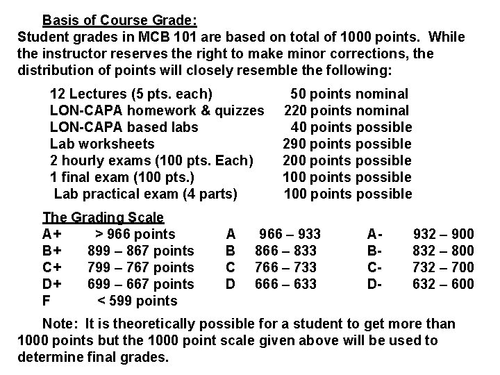 Basis of Course Grade: Student grades in MCB 101 are based on total of