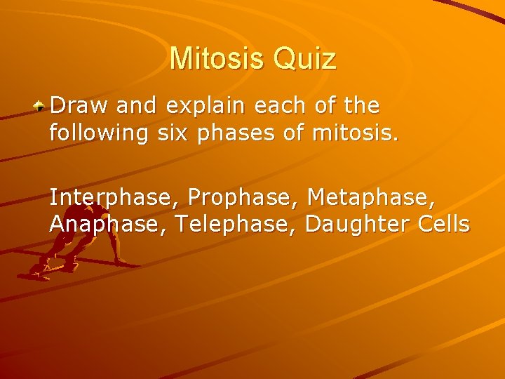 Mitosis Quiz Draw and explain each of the following six phases of mitosis. Interphase,