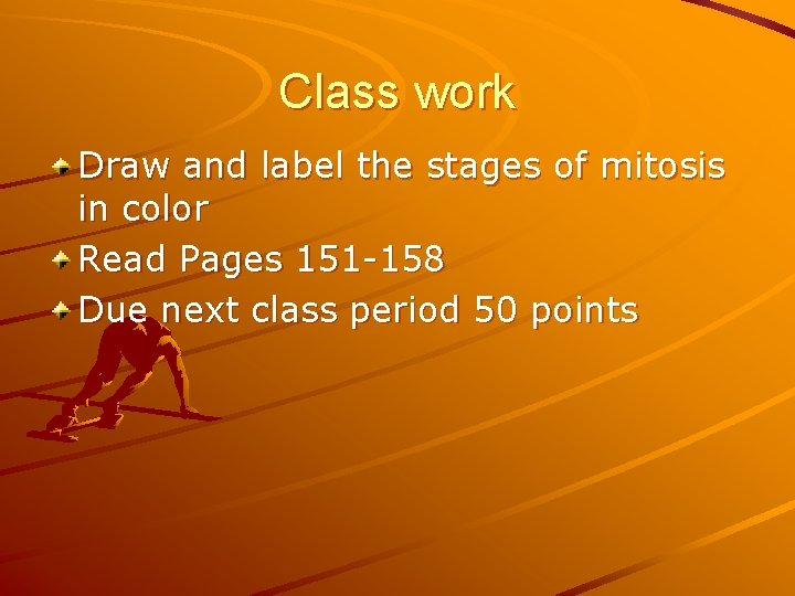 Class work Draw and label the stages of mitosis in color Read Pages 151