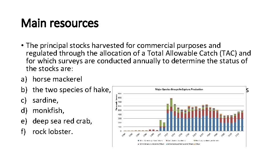 Main resources • The principal stocks harvested for commercial purposes and regulated through the