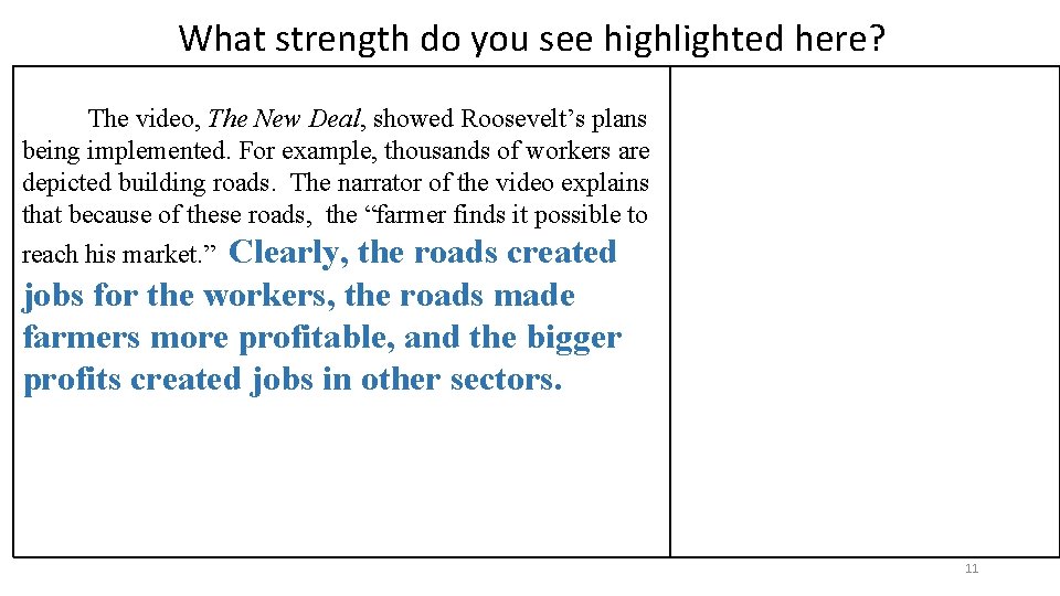 What strength do you see highlighted here? The video, The New Deal, showed Roosevelt’s