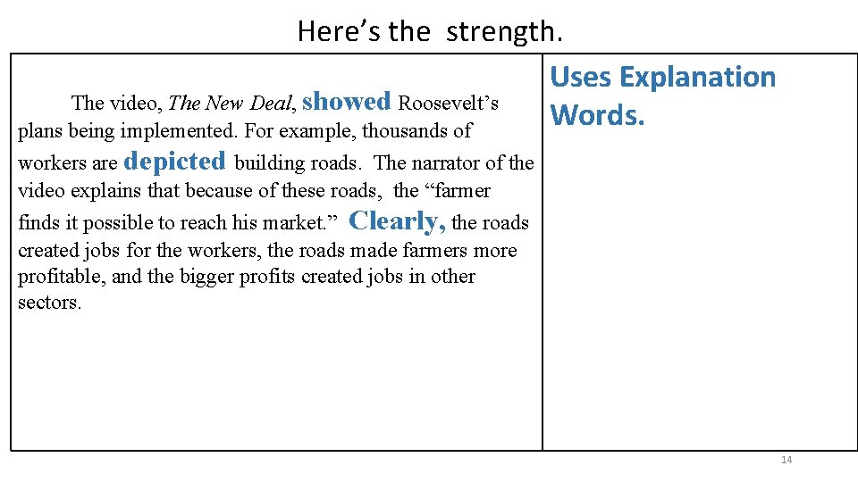 Here’s the strength. Uses Explanation The video, The New Deal, showed Roosevelt’s Words. plans