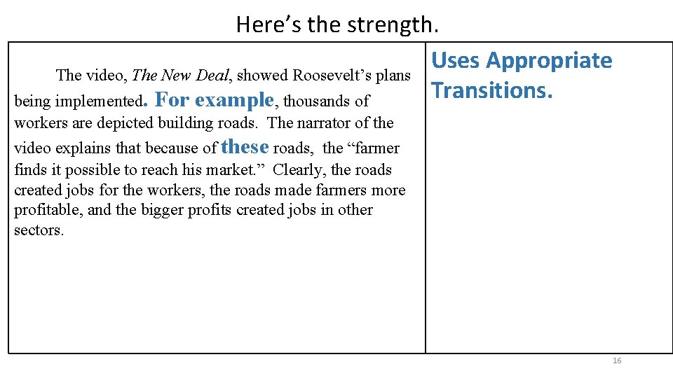 Here’s the strength. Uses Appropriate The video, The New Deal, showed Roosevelt’s plans Transitions.
