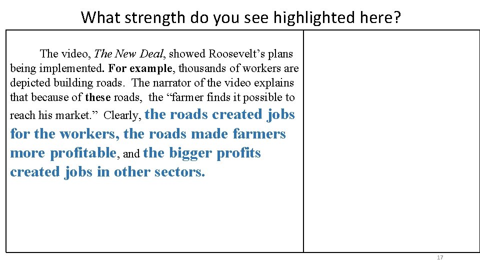 What strength do you see highlighted here? The video, The New Deal, showed Roosevelt’s