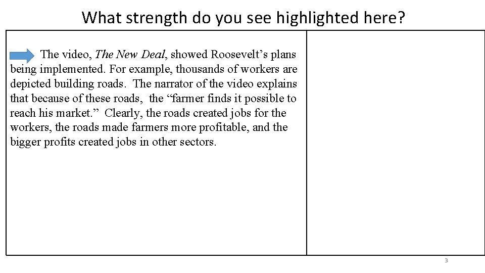 What strength do you see highlighted here? The video, The New Deal, showed Roosevelt’s
