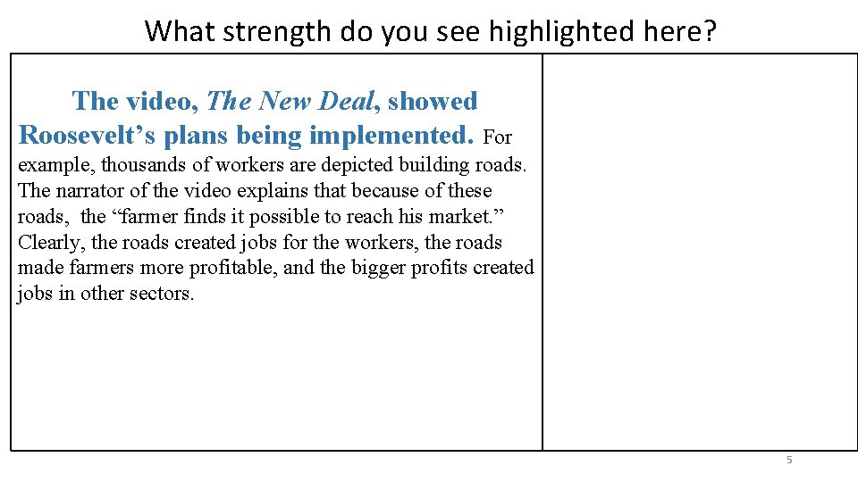 What strength do you see highlighted here? The video, The New Deal, showed Roosevelt’s