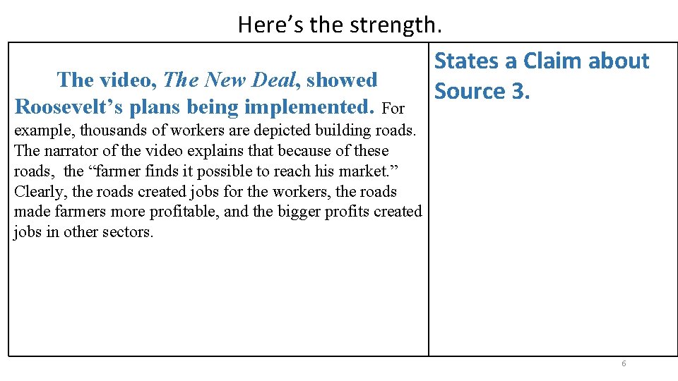 Here’s the strength. States a Claim about The video, The New Deal, showed Source