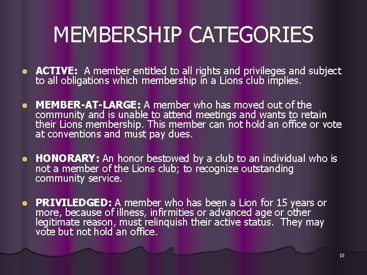 MEMBERSHIP CATEGORIES l ACTIVE: A member entitled to all rights and privileges and subject