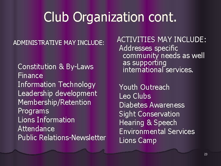 Club Organization cont. ADMINISTRATIVE MAY INCLUDE: Constitution & By-Laws Finance Information Technology Leadership development