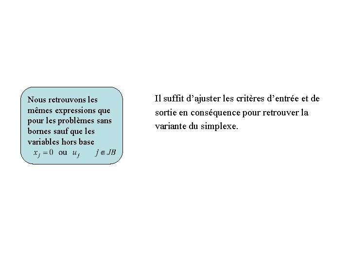 Nous retrouvons les mêmes expressions que pour les problèmes sans bornes sauf que les