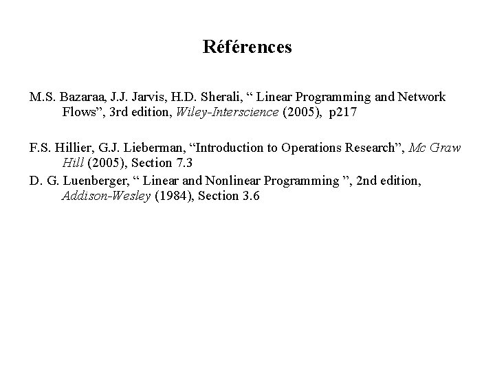 Références M. S. Bazaraa, J. J. Jarvis, H. D. Sherali, “ Linear Programming and