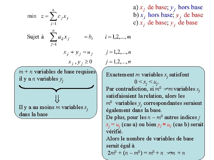 m + n variables de base requises il y a n variables yj Il