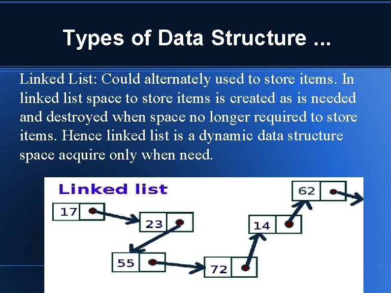 Types of Data Structure. . . Linked List: Could alternately used to store items. Types of Data Structure. . . Linked List: Could alternately used to store items.