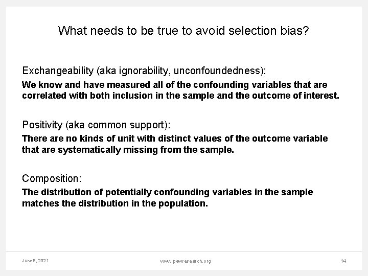 What needs to be true to avoid selection bias? Exchangeability (aka ignorability, unconfoundedness): We