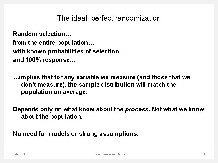The ideal: perfect randomization Random selection… from the entire population… with known probabilities of